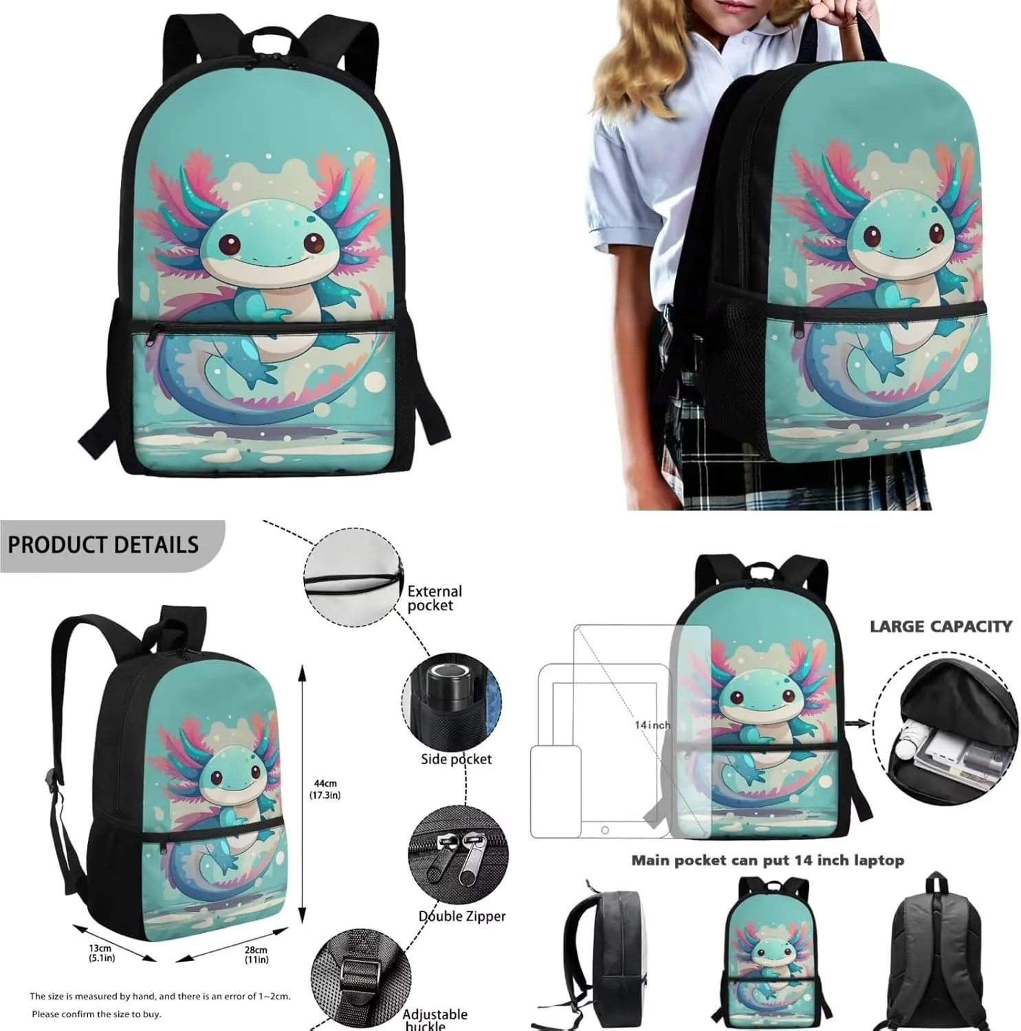 HUIACONG Axolotl Backpack and Lunch Box for Girls Elementary School Bag Set Kids Bookbags Kindergarten Book Bag Lunchbag Pencil Case Back to School Supplies