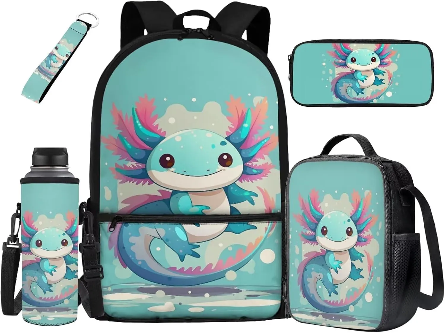 HUIACONG Axolotl Backpack and Lunch Box for Girls Elementary School Bag Set Kids Bookbags Kindergarten Book Bag Lunchbag Pencil Case Back to School Supplies