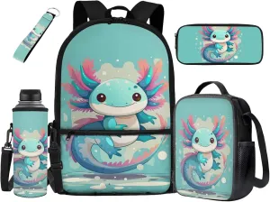 HUIACONG Axolotl Backpack and Lunch Box for Girls Elementary School Bag Set Kids Bookbags Kindergarten Book Bag Lunchbag Pencil Case Back to School Supplies