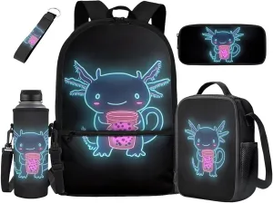 HUIACONG Axolotl Backpack for Boys Bookbag with Lunch Box Set Girls Backpacks Kids Elementary Book Bag Kindergarten Back to School Supplies Pencil Case