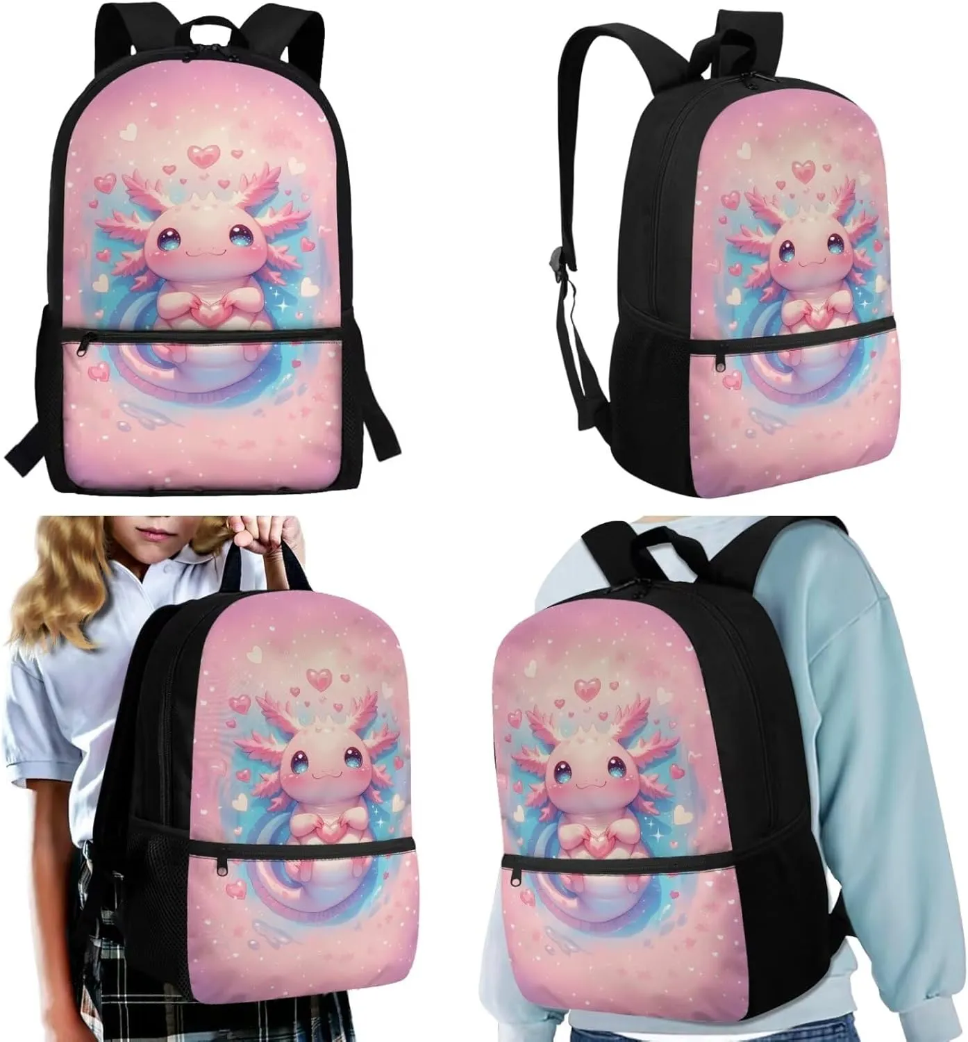HUIACONG Axolotl Backpack for Girls Bookbag with Lunch Box Set 7-8 Little Girl Elementary School Bag Lunchbox Pencil Case Kids Tween Back to School