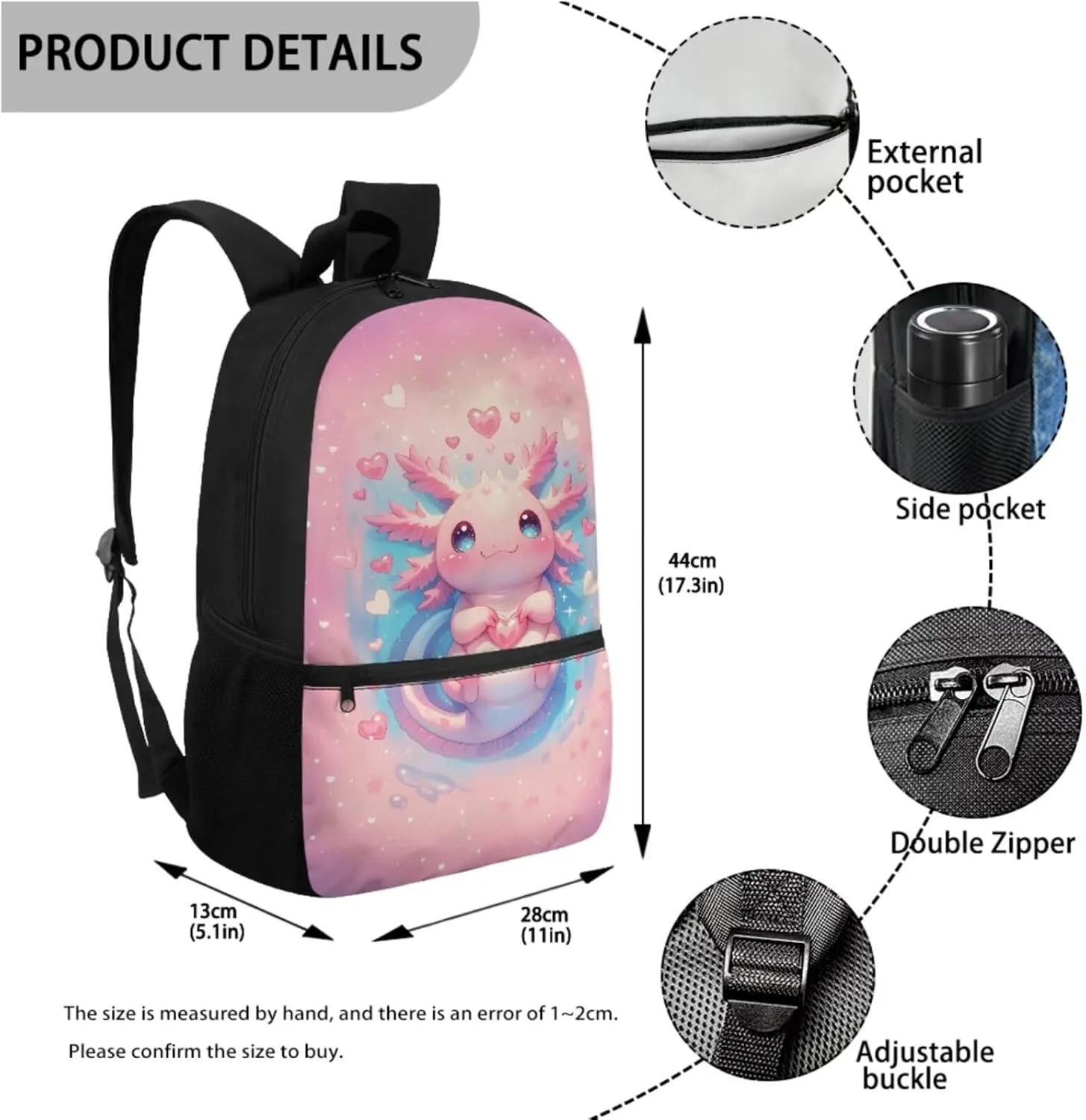 HUIACONG Axolotl Backpack for Girls Bookbag with Lunch Box Set 7-8 Little Girl Elementary School Bag Lunchbox Pencil Case Kids Tween Back to School
