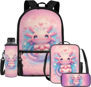 HUIACONG Axolotl Backpack for Girls Bookbag with Lunch Box Set 7-8 Little Girl Elementary School Bag Lunchbox Pencil Case Kids Tween Back to School
