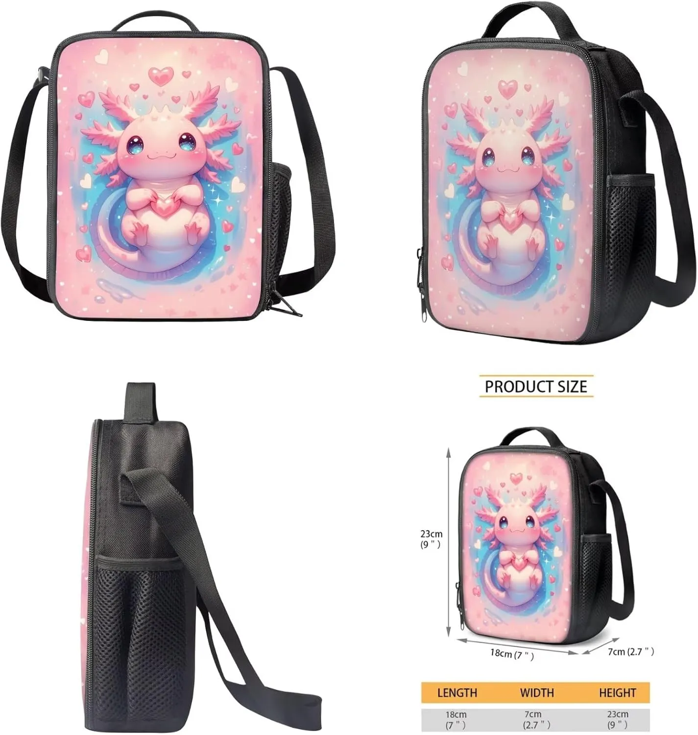 HUIACONG Axolotl Backpack for Girls Bookbag with Lunch Box Set 7-8 Little Girl Elementary School Bag Lunchbox Pencil Case Kids Tween Back to School