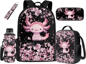 HUIACONG Axolotl Backpack for Girls Cherry Blossoms Bookbag with Lunch Box Set Kids Elementary School Bag Lunchbox Kindergarten 6-8/8-10 Train Back to School Supplies