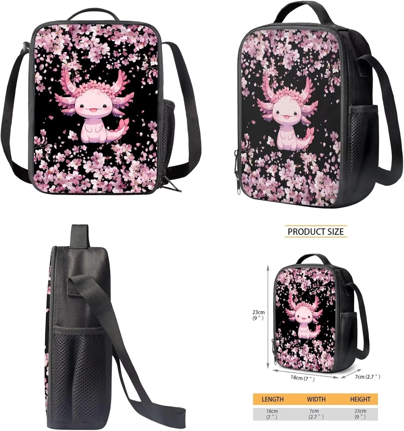 HUIACONG Axolotl Backpack for Girls Cherry Blossoms Bookbag with Lunch Box Set Kids Elementary School Bag Lunchbox Kindergarten 6-8/8-10 Train Back to School Supplies