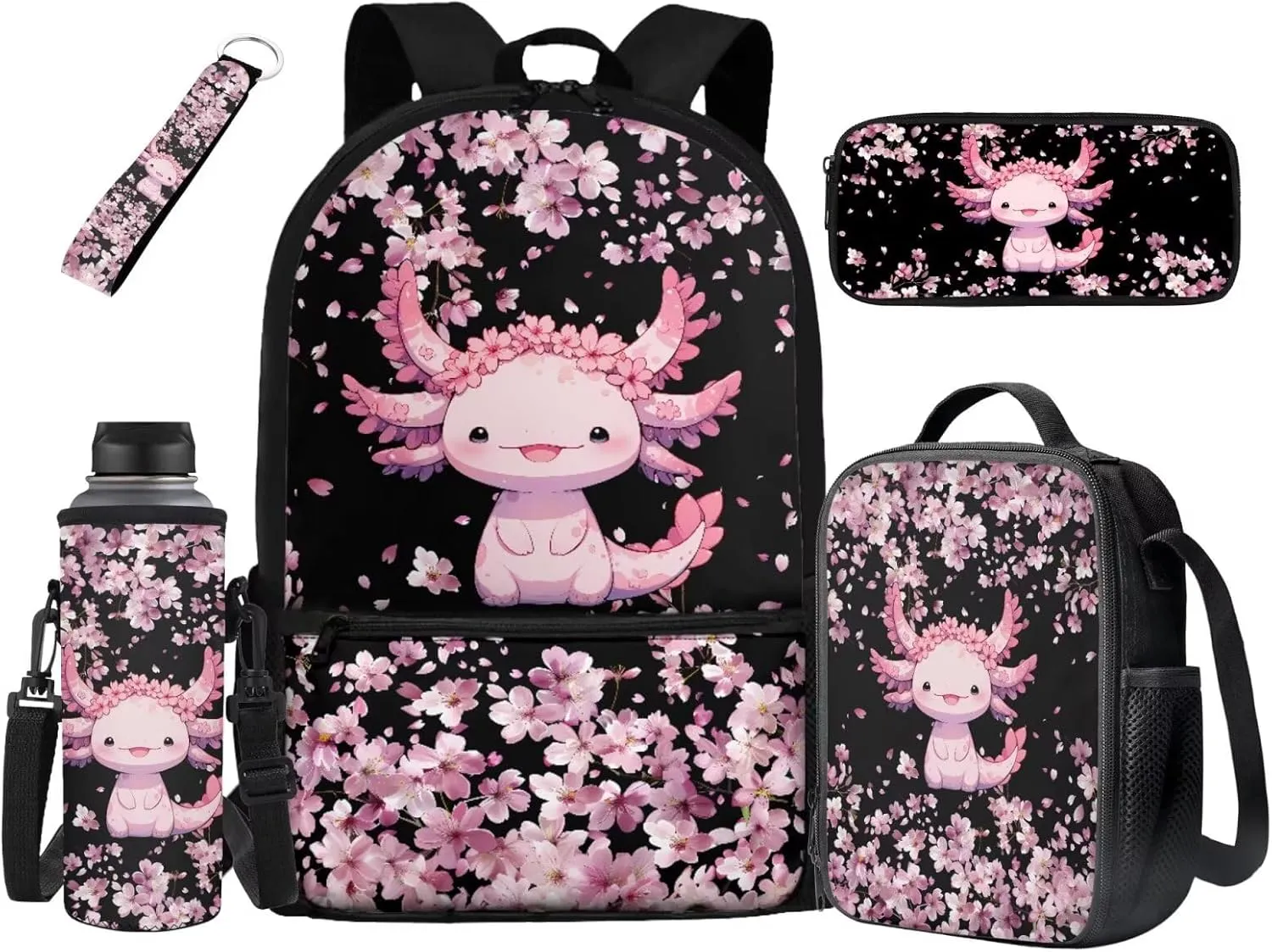 HUIACONG Axolotl Backpack for Girls Cherry Blossoms Bookbag with Lunch Box Set Kids Elementary School Bag Lunchbox Kindergarten 6-8/8-10 Train Back to School Supplies