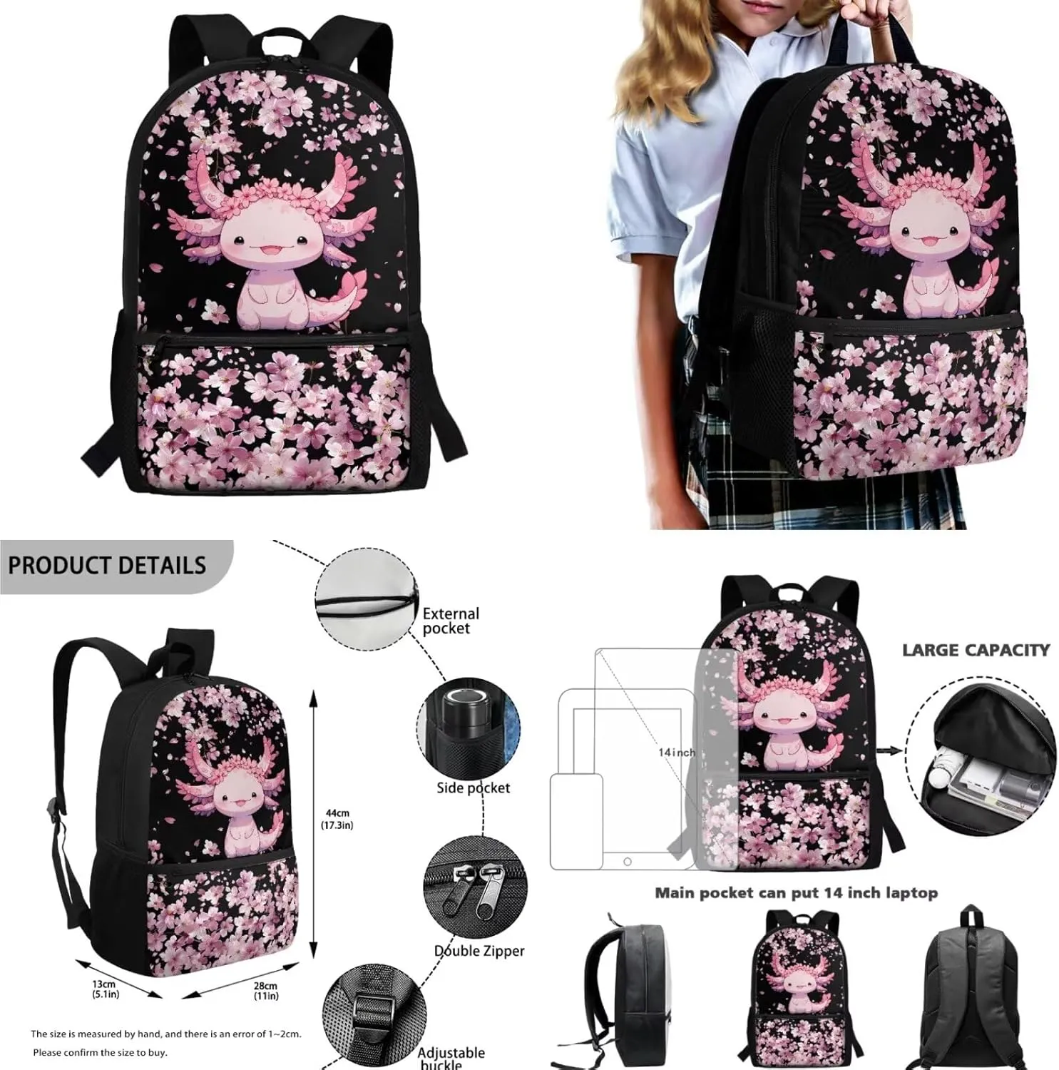 HUIACONG Axolotl Backpack for Girls Cherry Blossoms Bookbag with Lunch Box Set Kids Elementary School Bag Lunchbox Kindergarten 6-8/8-10 Train Back to School Supplies