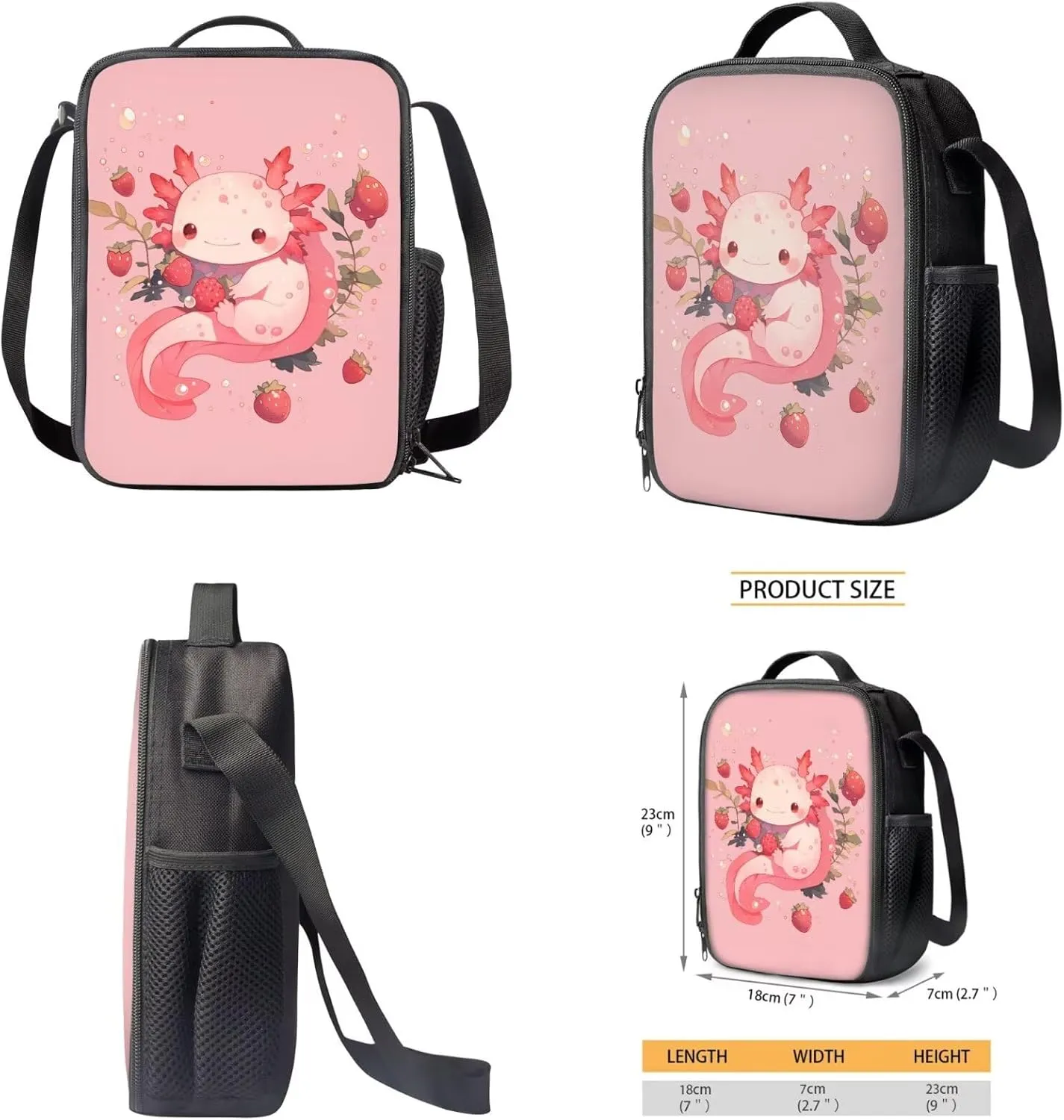 HUIACONG Axolotl Backpack for Girls Strawberry Book Bags Age 6-8/8-10 Kids Bookbag with Lunch Box Elementary School Bag Lunchbox Water Bottle Holder