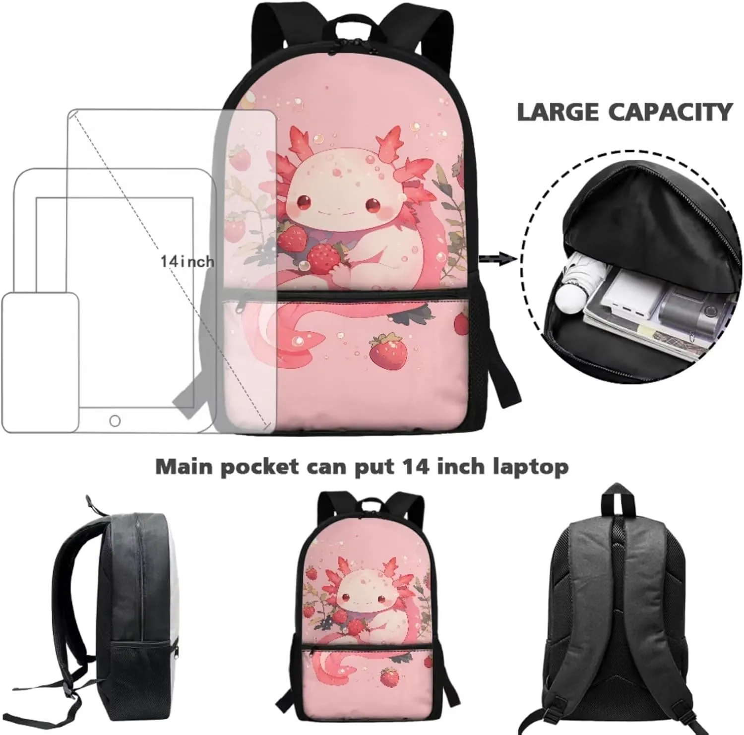 HUIACONG Axolotl Backpack for Girls Strawberry Book Bags Age 6-8/8-10 Kids Bookbag with Lunch Box Elementary School Bag Lunchbox Water Bottle Holder