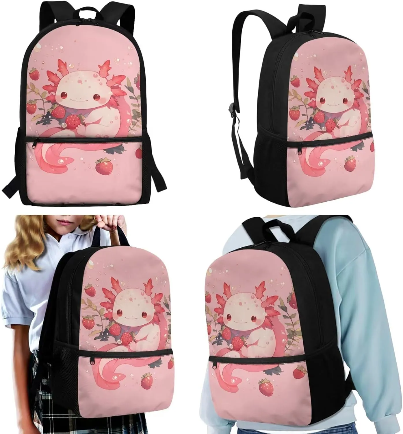 HUIACONG Axolotl Backpack for Girls Strawberry Book Bags Age 6-8/8-10 Kids Bookbag with Lunch Box Elementary School Bag Lunchbox Water Bottle Holder