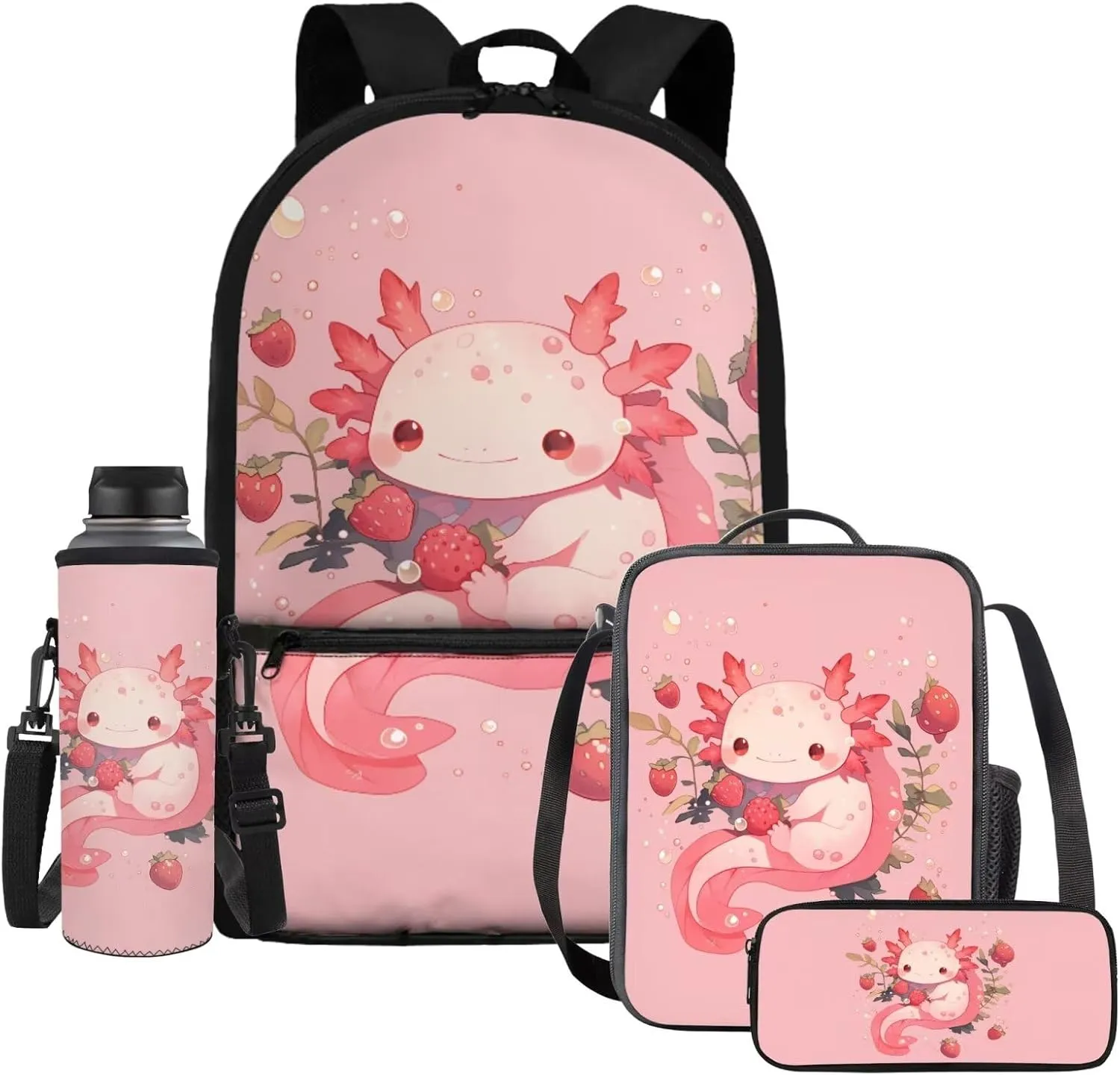 HUIACONG Axolotl Backpack for Girls Strawberry Book Bags Age 6-8/8-10 Kids Bookbag with Lunch Box Elementary School Bag Lunchbox Water Bottle Holder