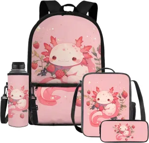 HUIACONG Axolotl Backpack for Girls Strawberry Book Bags Age 6-8/8-10 Kids Bookbag with Lunch Box Elementary School Bag Lunchbox Water Bottle Holder