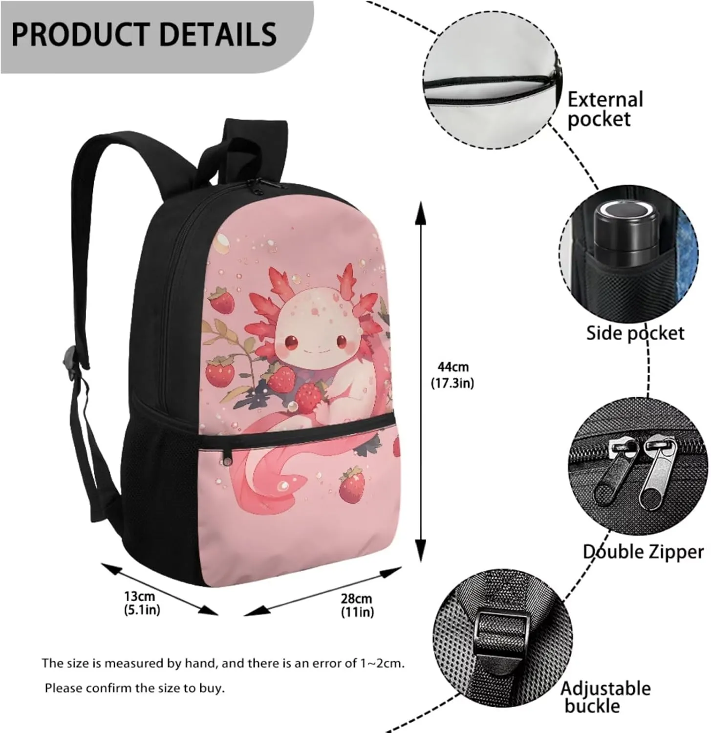 HUIACONG Axolotl Backpack for Girls Strawberry Book Bags Age 6-8/8-10 Kids Bookbag with Lunch Box Elementary School Bag Lunchbox Water Bottle Holder