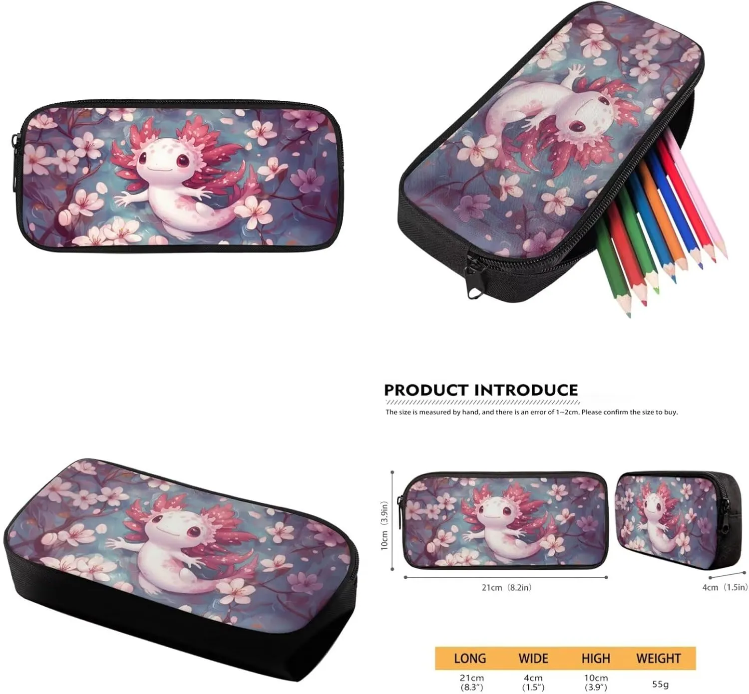 HUIACONG Axolotl Bookbag for Girls Backpack Sets with Lunch Box Kids Boo Bag 6-8/8-10 Cherry Blossoms Elementary School Backpacks Lunchbox Pecnil Case