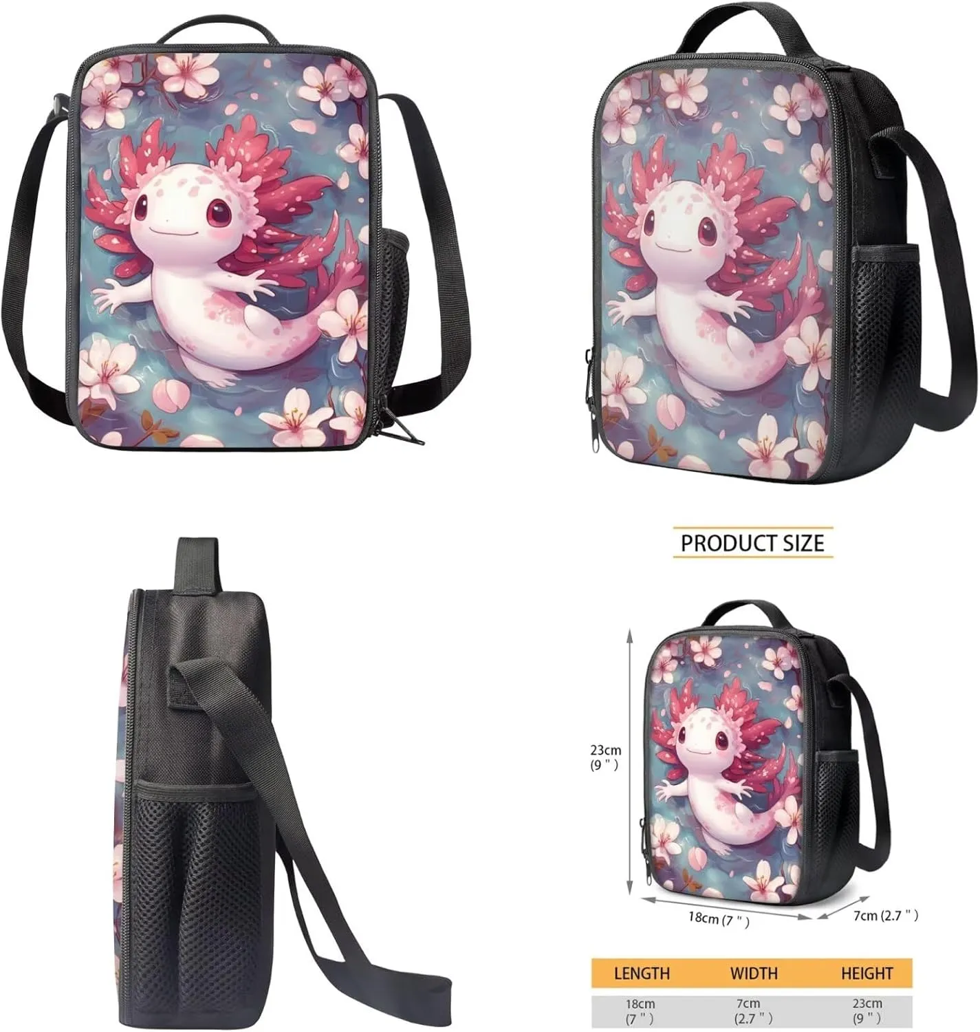 HUIACONG Axolotl Bookbag for Girls Backpack Sets with Lunch Box Kids Boo Bag 6-8/8-10 Cherry Blossoms Elementary School Backpacks Lunchbox Pecnil Case