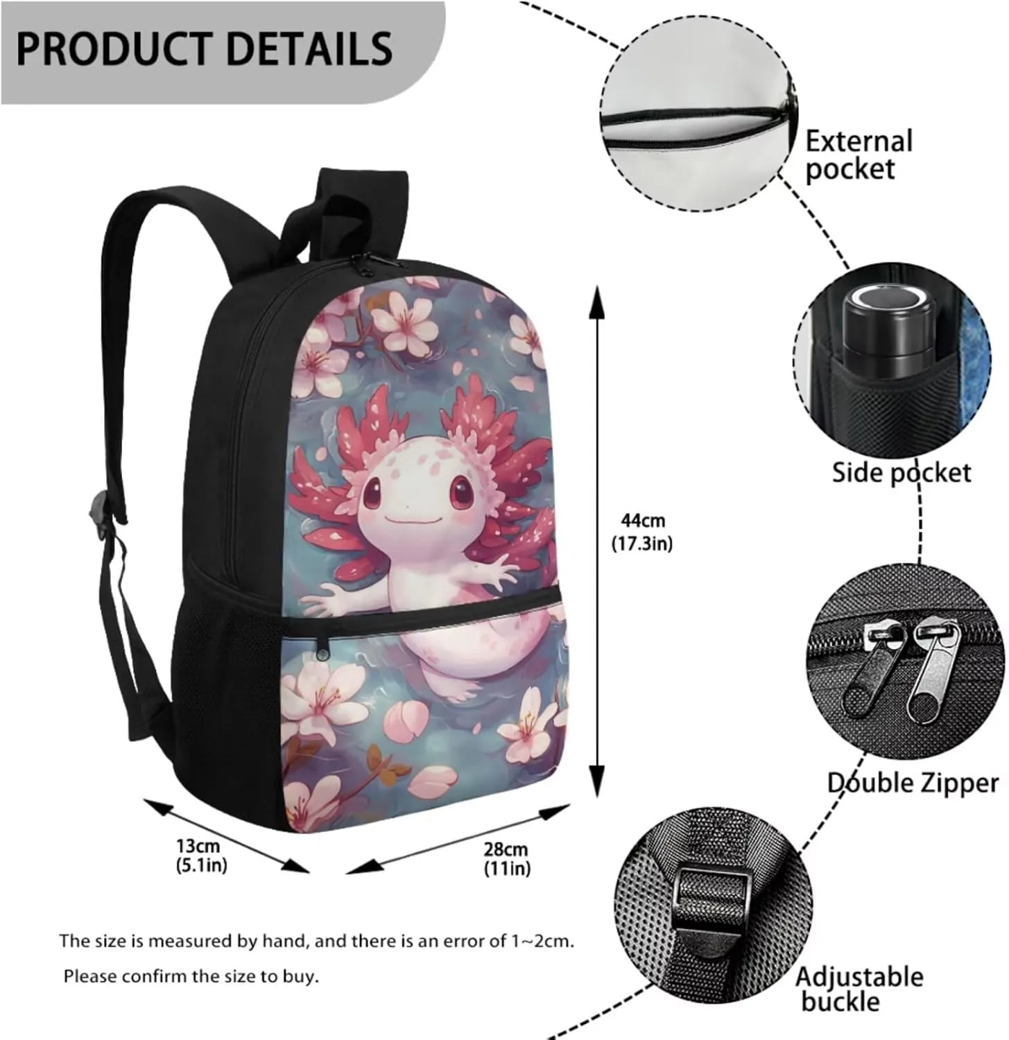 HUIACONG Axolotl Bookbag for Girls Backpack Sets with Lunch Box Kids Boo Bag 6-8/8-10 Cherry Blossoms Elementary School Backpacks Lunchbox Pecnil Case