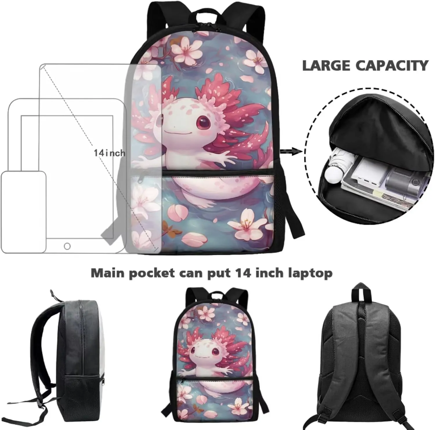 HUIACONG Axolotl Bookbag for Girls Backpack Sets with Lunch Box Kids Boo Bag 6-8/8-10 Cherry Blossoms Elementary School Backpacks Lunchbox Pecnil Case