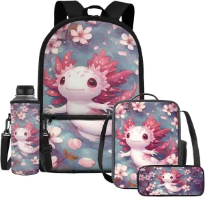 HUIACONG Axolotl Bookbag for Girls Backpack Sets with Lunch Box Kids Boo Bag 6-8/8-10 Cherry Blossoms Elementary School Backpacks Lunchbox Pecnil Case