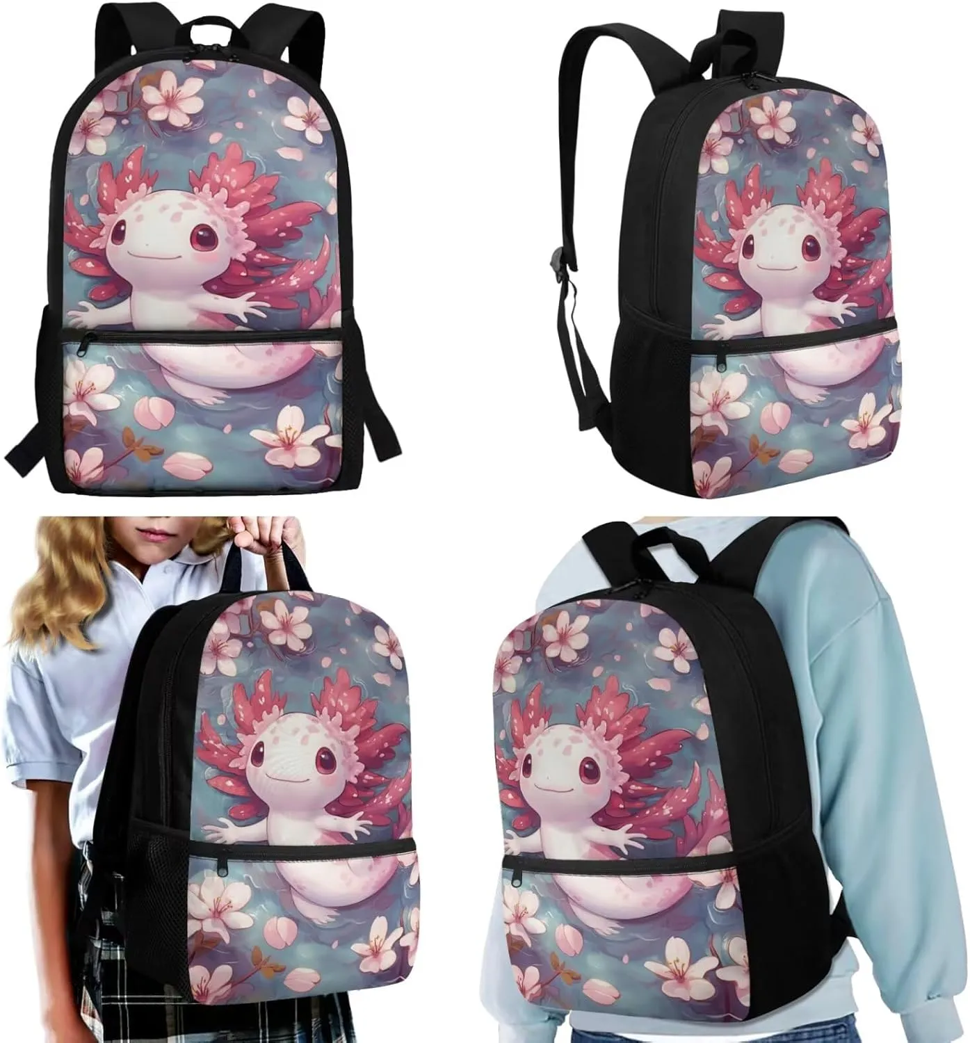 HUIACONG Axolotl Bookbag for Girls Backpack Sets with Lunch Box Kids Boo Bag 6-8/8-10 Cherry Blossoms Elementary School Backpacks Lunchbox Pecnil Case