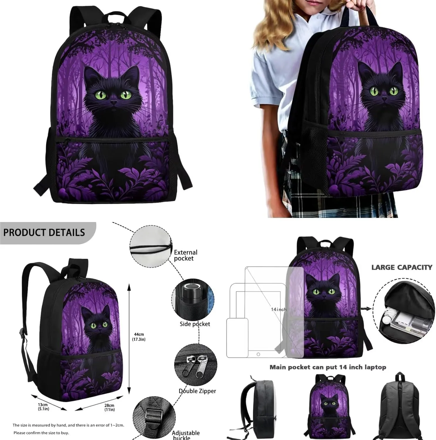 HUIACONG Black Cat Backpack Backpack for Girls with Lunch Box Kids Bookbag Lunchbox Set Boys Preschool Elementary School Bag 6-8 10-12 Pencil Case