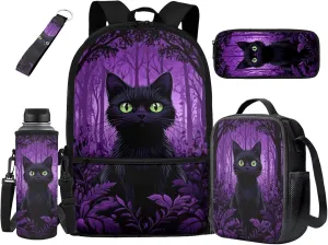 HUIACONG Black Cat Backpack Backpack for Girls with Lunch Box Kids Bookbag Lunchbox Set Boys Preschool Elementary School Bag 6-8 10-12 Pencil Case