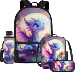 HUIACONG Dragon Backpack for Girls with Lunch Box Set Kids School Bag Lunchbox Tween Bookbag Age 8-10-12 Pencil Case Water Bottle Holder