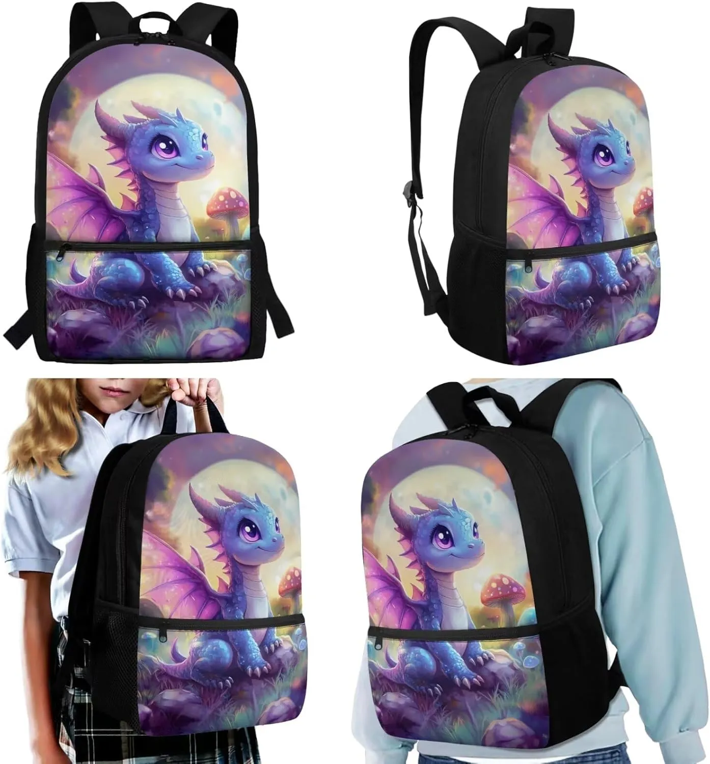 HUIACONG Dragon Backpack for Girls with Lunch Box Set Kids School Bag Lunchbox Tween Bookbag Age 8-10-12 Pencil Case Water Bottle Holder
