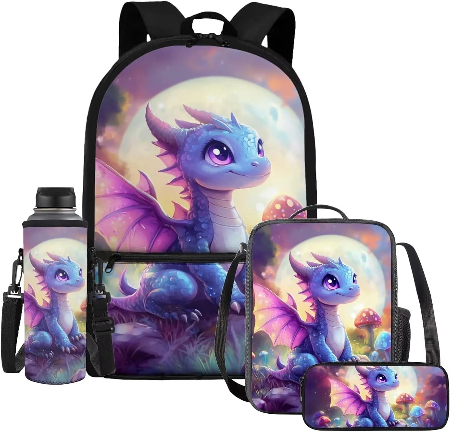 HUIACONG Dragon Backpack for Girls with Lunch Box Set Kids School Bag Lunchbox Tween Bookbag Age 8-10-12 Pencil Case Water Bottle Holder