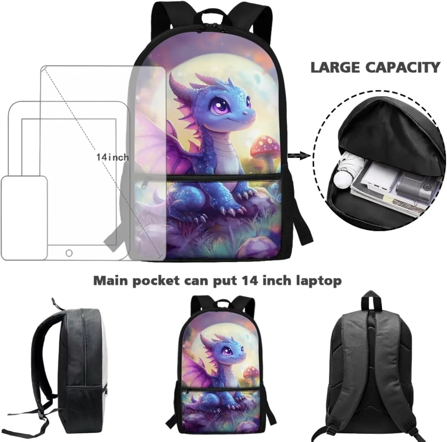 HUIACONG Dragon Backpack for Girls with Lunch Box Set Kids School Bag Lunchbox Tween Bookbag Age 8-10-12 Pencil Case Water Bottle Holder