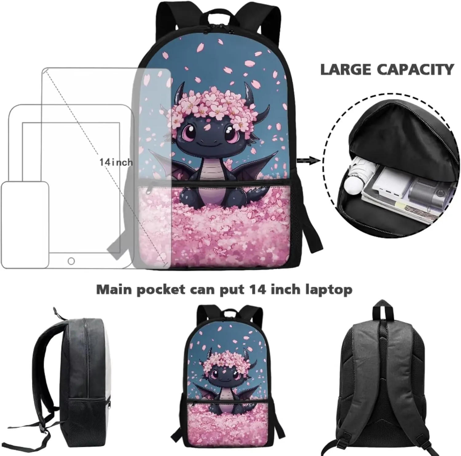 HUIACONG Dragon Backpack with Lunch Box Set Tween Backpacks for Girls Cherry Blossoms Bookbag 10-12 Elementary School Bag Pencil Case Water Bottle Holder