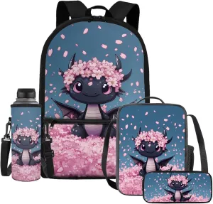 HUIACONG Dragon Backpack with Lunch Box Set Tween Backpacks for Girls Cherry Blossoms Bookbag 10-12 Elementary School Bag Pencil Case Water Bottle Holder