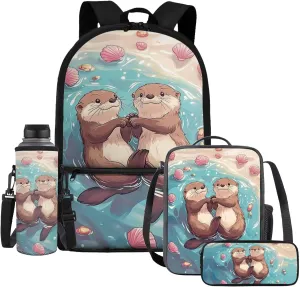 HUIACONG Otter Backpack and Lunch Box for Girls Bookbag Age 8-10/10-12 Kids Elementary School Backpacks Lunchbox Pencil Case Water Bottle Holder
