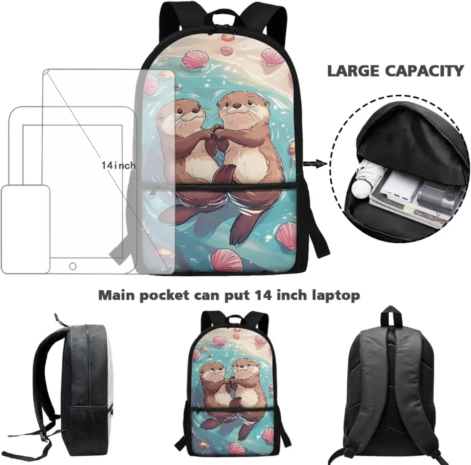 HUIACONG Otter Backpack and Lunch Box for Girls Bookbag Age 8-10/10-12 Kids Elementary School Backpacks Lunchbox Pencil Case Water Bottle Holder