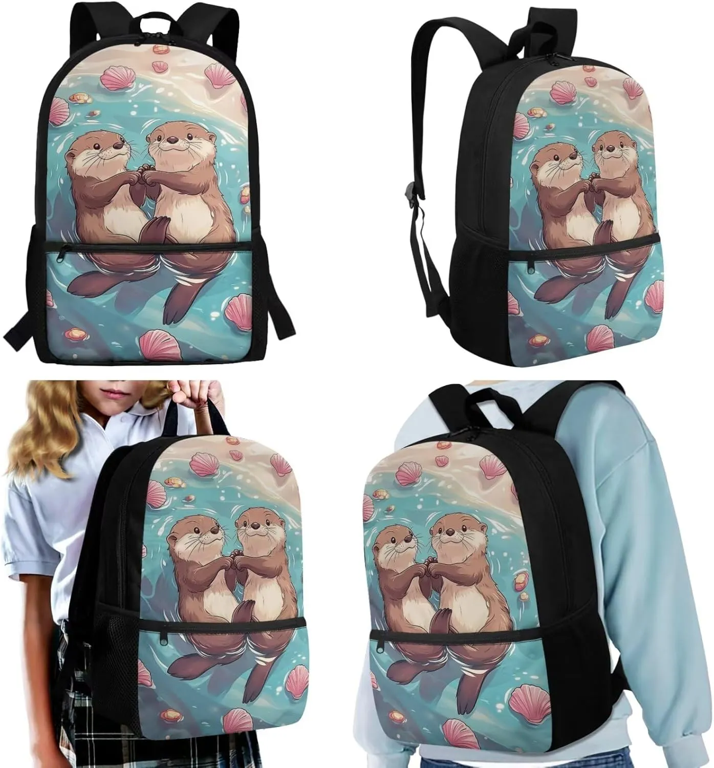 HUIACONG Otter Backpack and Lunch Box for Girls Bookbag Age 8-10/10-12 Kids Elementary School Backpacks Lunchbox Pencil Case Water Bottle Holder