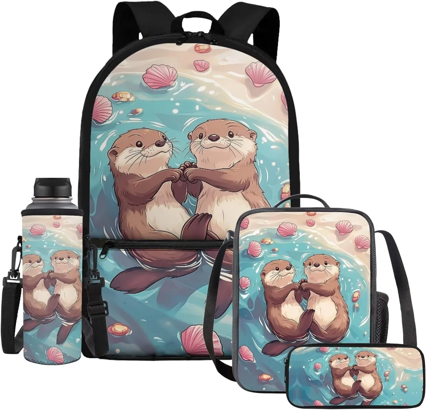 HUIACONG Otter Backpack and Lunch Box for Girls Bookbag Age 8-10/10-12 Kids Elementary School Backpacks Lunchbox Pencil Case Water Bottle Holder