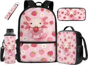 HUIACONG Strawberry Backpack for Girls with Lunch Box Set Axolotl Bookbag Ages 8-10 Little Kids School Bag Lunchox Kindergarten Boys Back to School Supplies