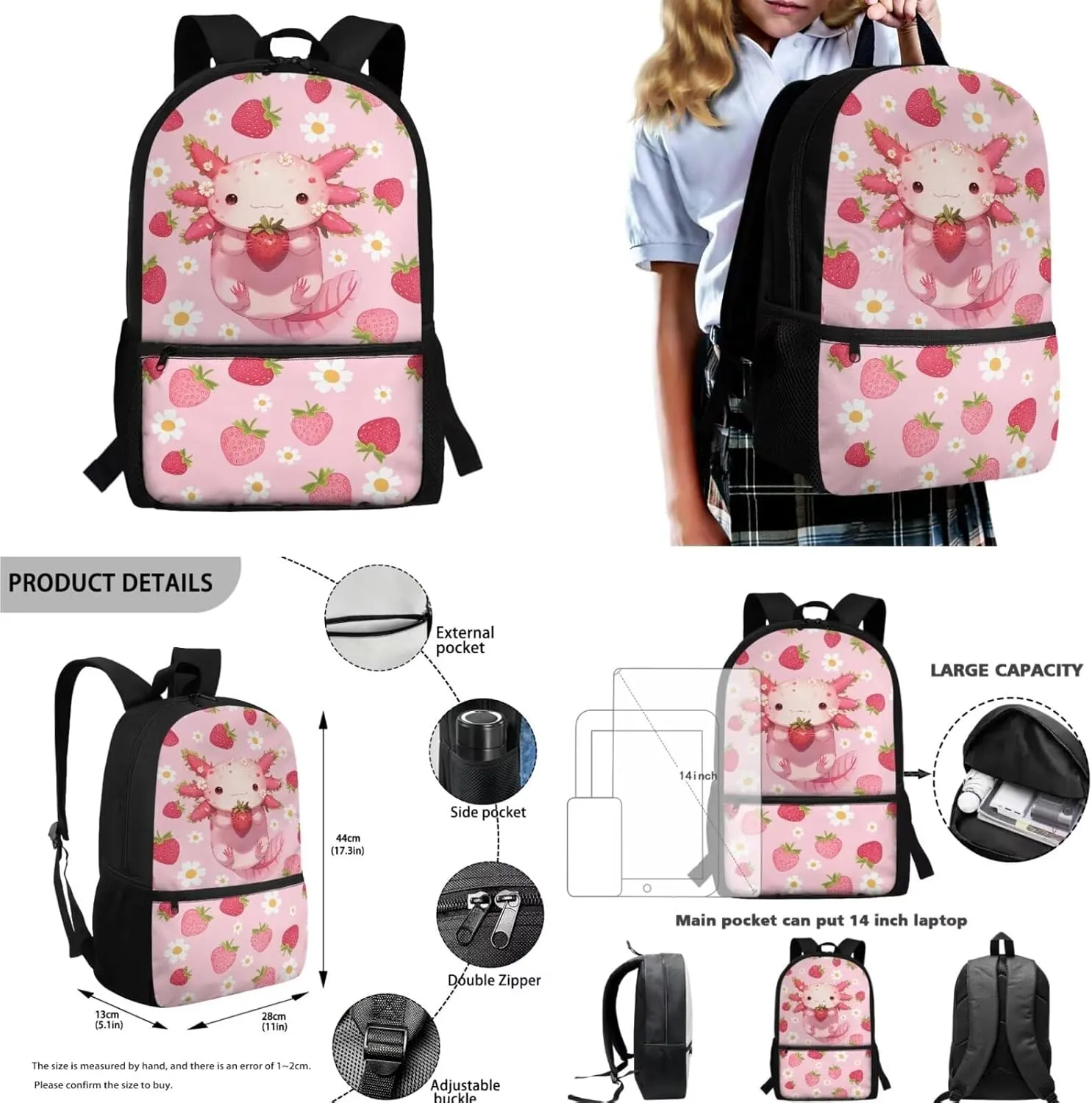 HUIACONG Strawberry Backpack for Girls with Lunch Box Set Axolotl Bookbag Ages 8-10 Little Kids School Bag Lunchox Kindergarten Boys Back to School Supplies