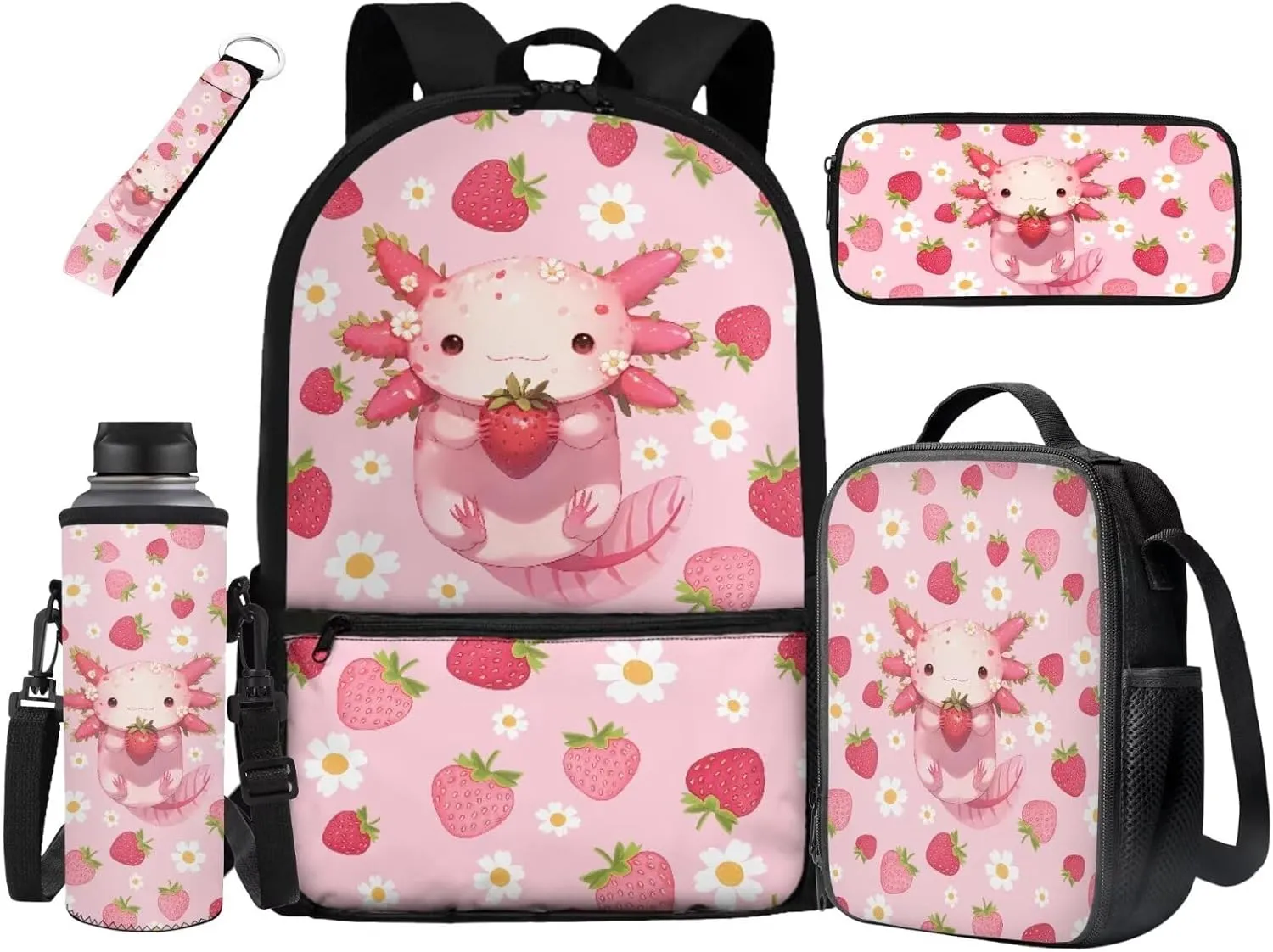 HUIACONG Strawberry Backpack for Girls with Lunch Box Set Axolotl Bookbag Ages 8-10 Little Kids School Bag Lunchox Kindergarten Boys Back to School Supplies