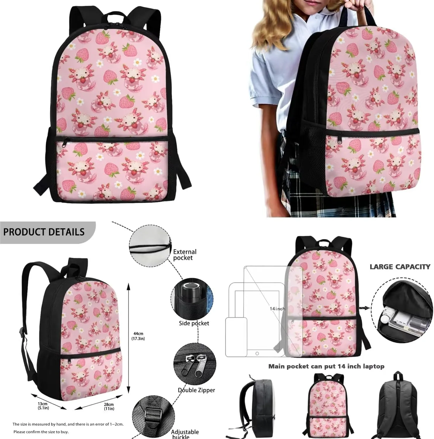 HUIACONG Strawberry Backpacks with Lunch Box for Girls Dragon Book Bags for School Bag Kindergarten Elementary Bookbag Lunchbox Set Back to School Supplies