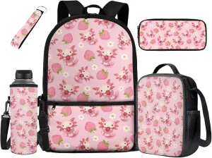 HUIACONG Strawberry Backpacks with Lunch Box for Girls Dragon Book Bags for School Bag Kindergarten Elementary Bookbag Lunchbox Set Back to School Supplies