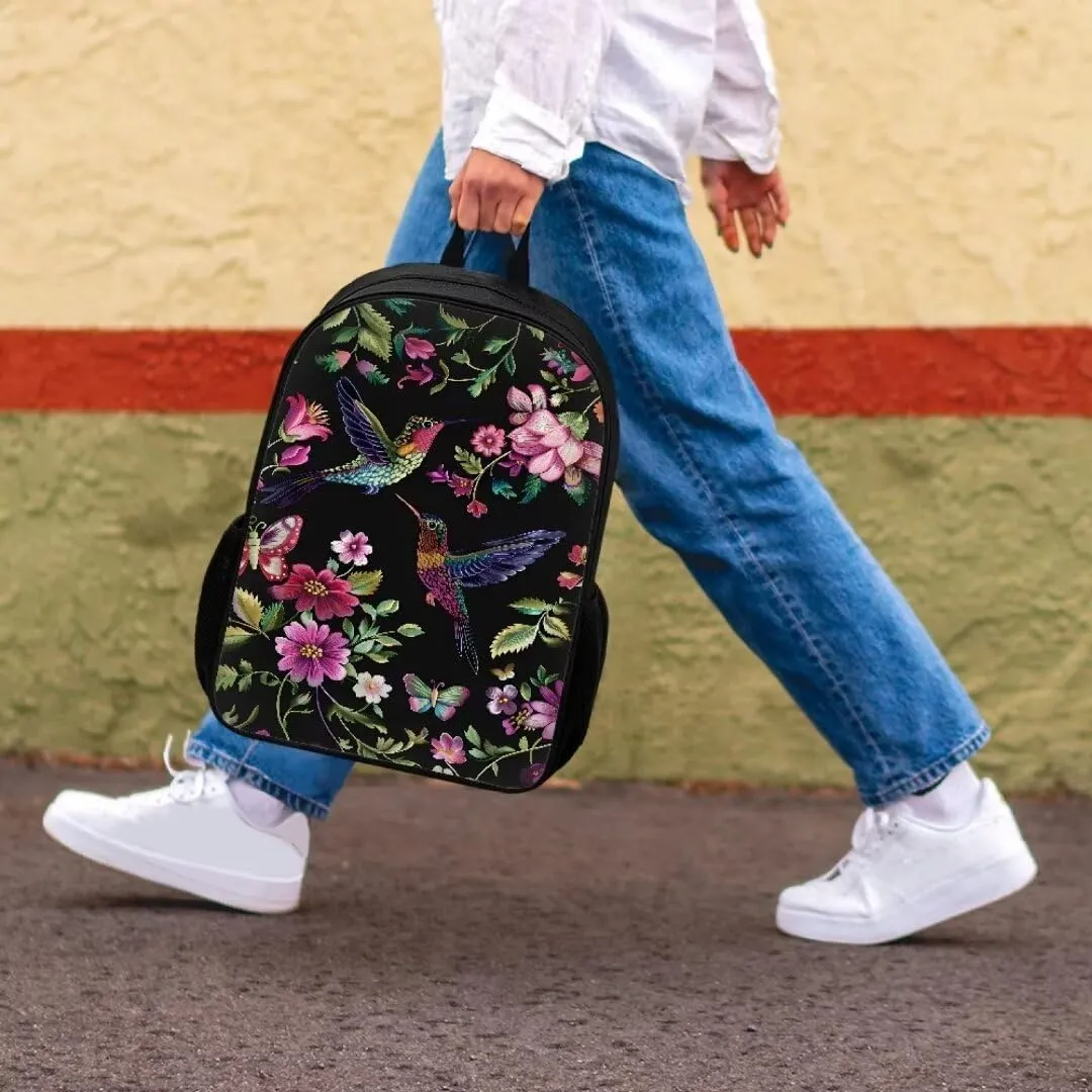 Hummingbird Pink Flowers Backpack For Girls Boys Lightweight School Bag With Insulated Lunch Bag Pencil Case Black Cool Book Bag Sets