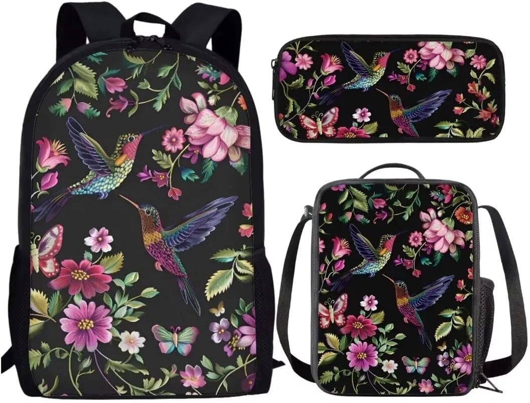 Hummingbird Pink Flowers Backpack For Girls Boys Lightweight School Bag With Insulated Lunch Bag Pencil Case Black Cool Book Bag Sets