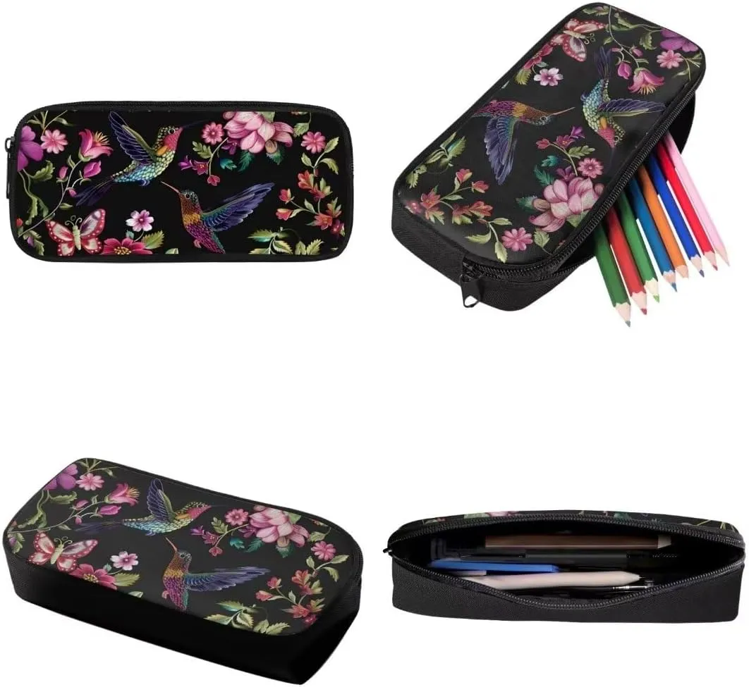 Hummingbird Pink Flowers Backpack For Girls Boys Lightweight School Bag With Insulated Lunch Bag Pencil Case Black Cool Book Bag Sets