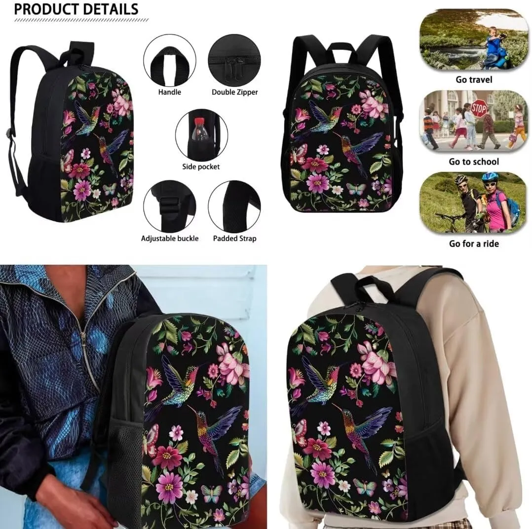 Hummingbird Pink Flowers Backpack For Girls Boys Lightweight School Bag With Insulated Lunch Bag Pencil Case Black Cool Book Bag Sets