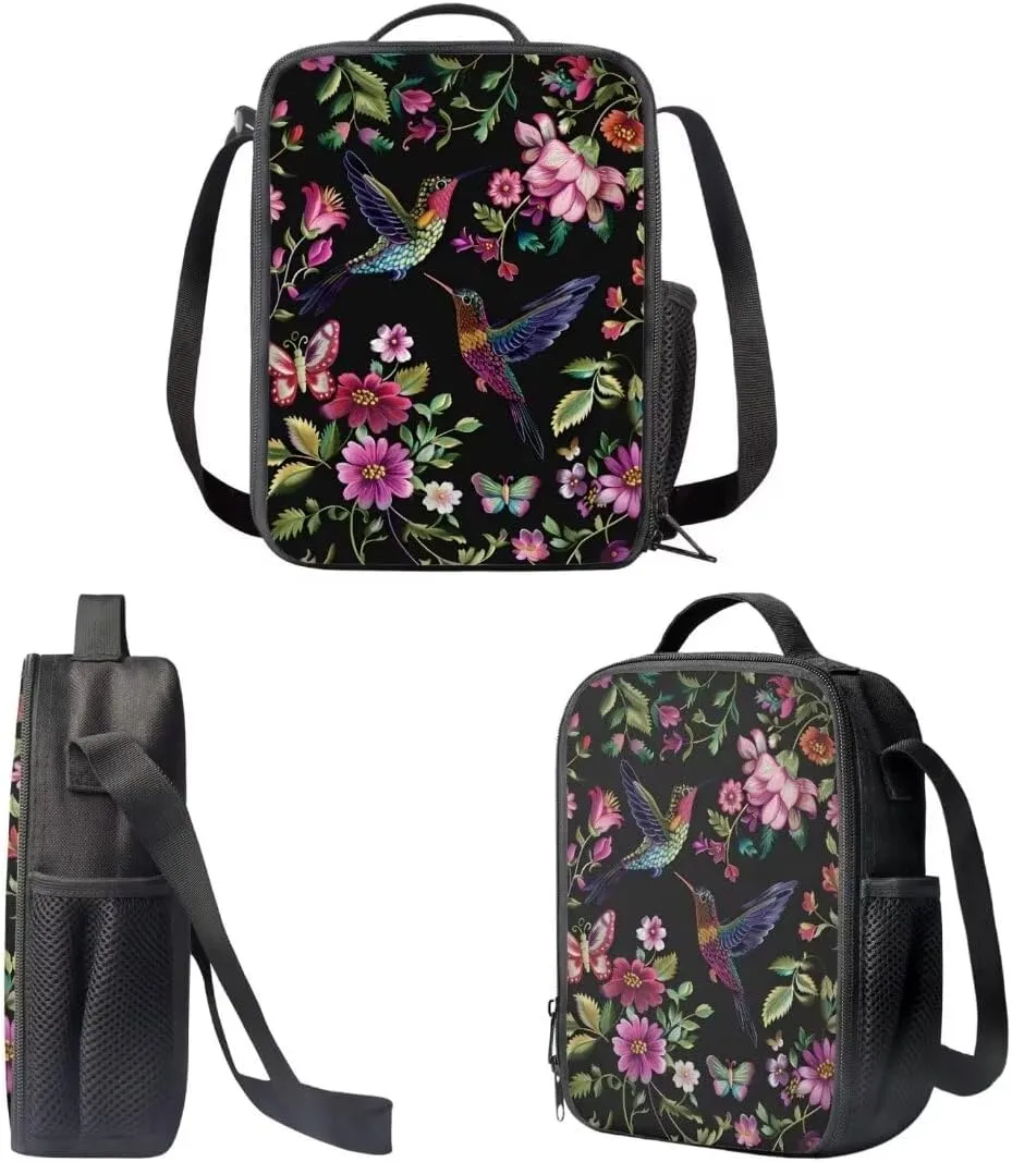 Hummingbird Pink Flowers Backpack For Girls Boys Lightweight School Bag With Insulated Lunch Bag Pencil Case Black Cool Book Bag Sets