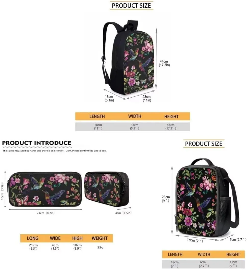 Hummingbird Pink Flowers Backpack For Girls Boys Lightweight School Bag With Insulated Lunch Bag Pencil Case Black Cool Book Bag Sets