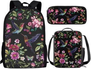 Hummingbird Pink Flowers Backpack For Girls Boys Lightweight School Bag With Insulated Lunch Bag Pencil Case Black Cool Book Bag Sets