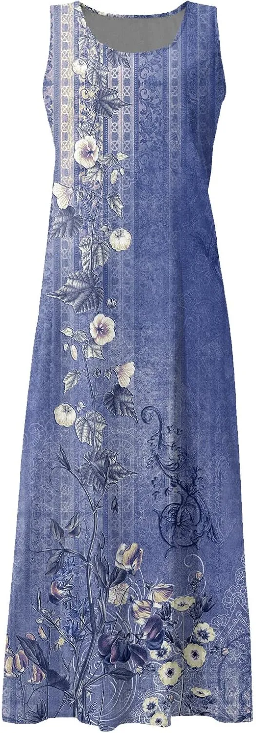 HXHYQKP Plus Size Sundresses for Curvy Women Casual Linen Dress Sleeveless Cotton Linen Pocket Sundress