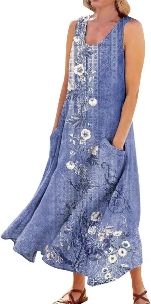 HXHYQKP Plus Size Sundresses for Curvy Women Casual Linen Dress Sleeveless Cotton Linen Pocket Sundress